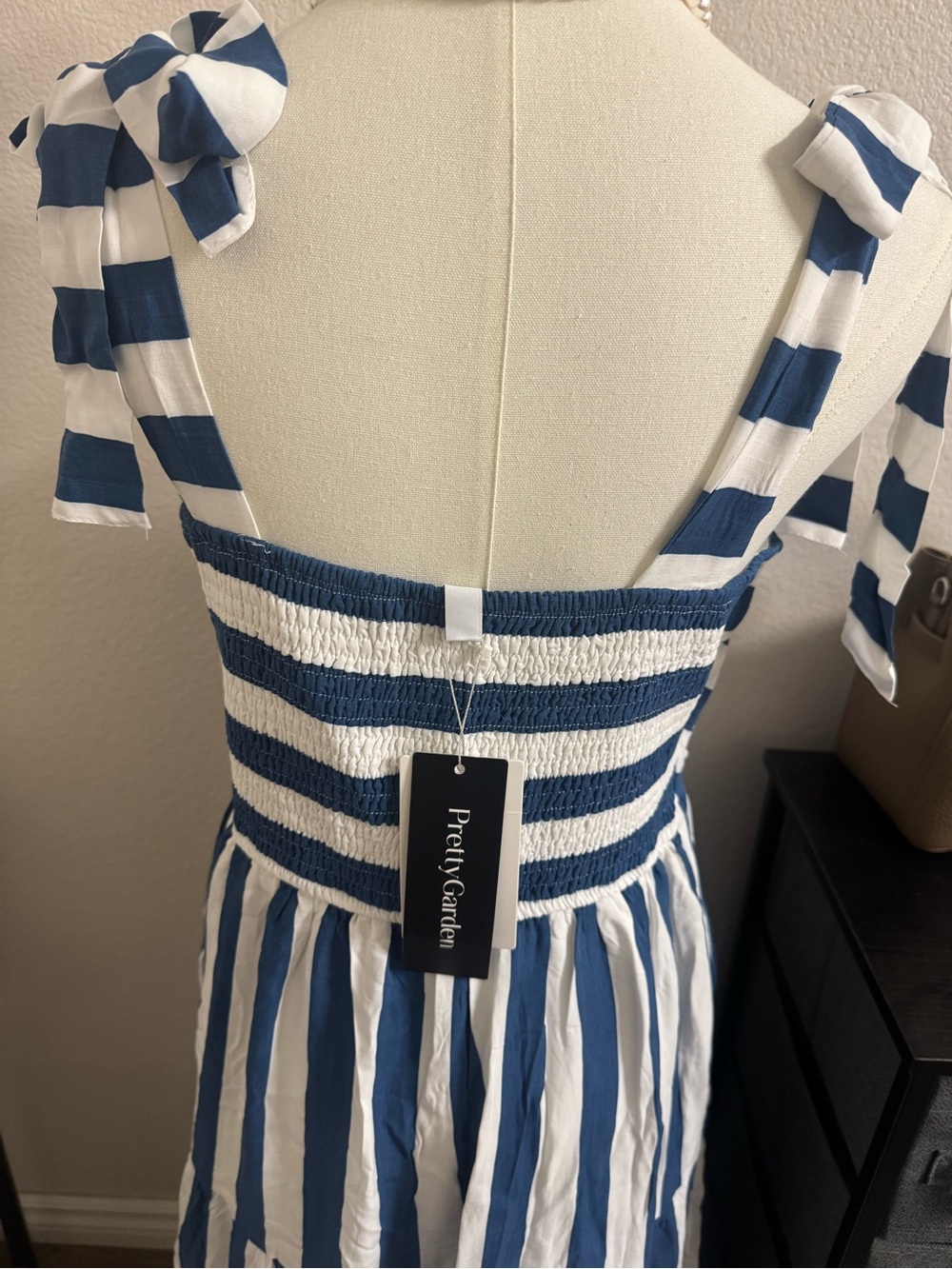 #89 Pretty Garden Striped Blue and White Tie-Shoulder Maxi Dress - Picture 6 of 8